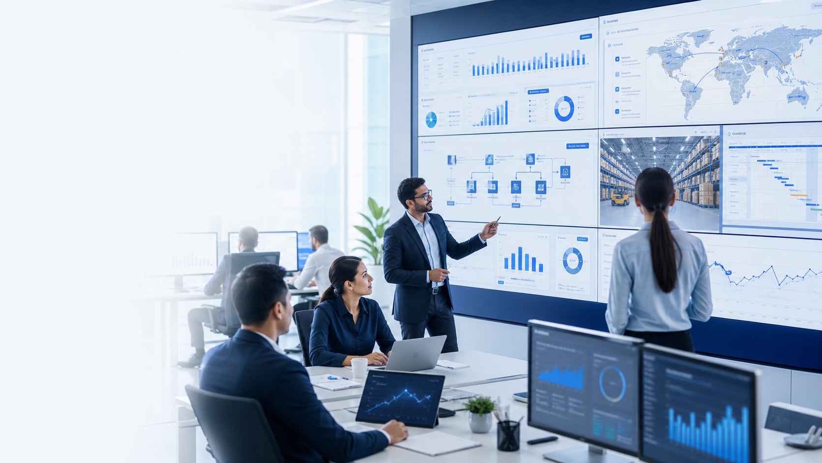 Business operations team reviewing dashboards and ERP workflows